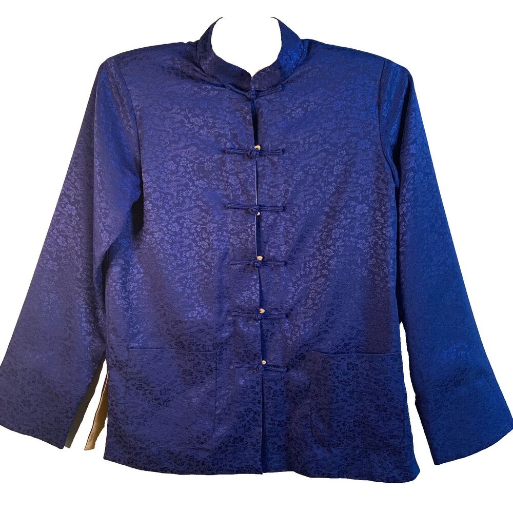 Reversible Chinese Mens Tang Jacket L - XL Blue & Gold Brocade Mandarian Collar